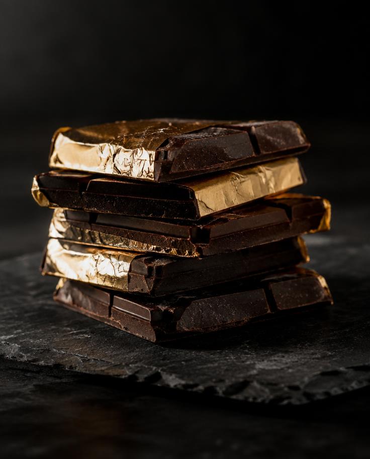 Artisan dark chocolate bars on black slate