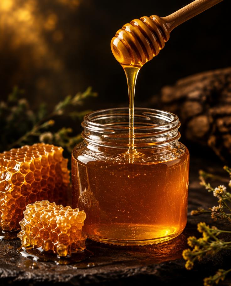 Amber honey in a glass jar with a wooden dipper