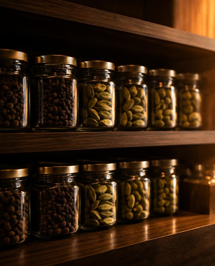 Black pepper and green cardamom in glass jars