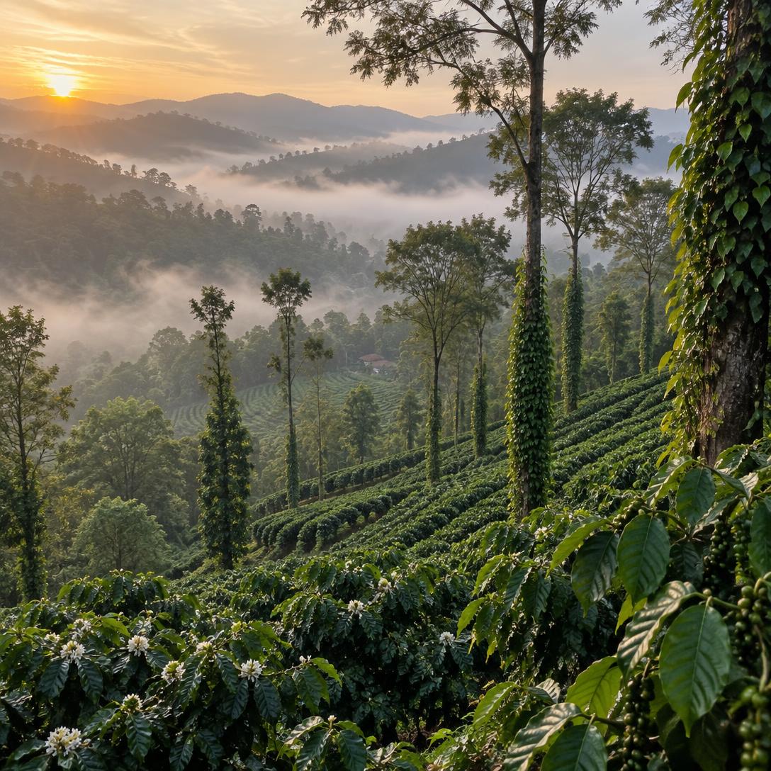 Misty morning over coffee and spice estates in the Kodagu hills